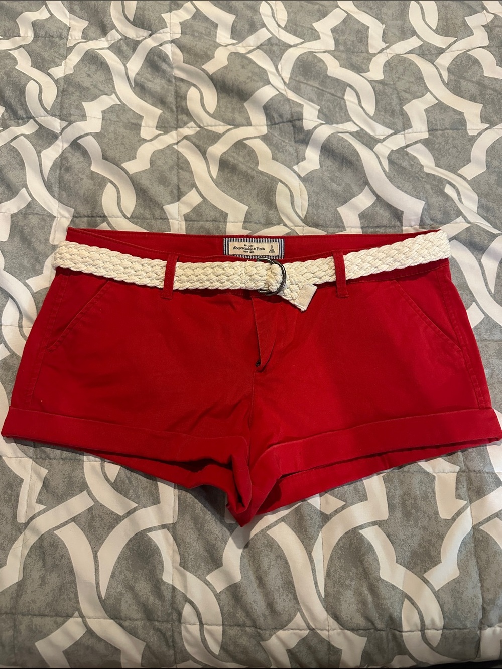 Abercrombie & Fitch Red Cotton Shorts with Braided Cream Belt